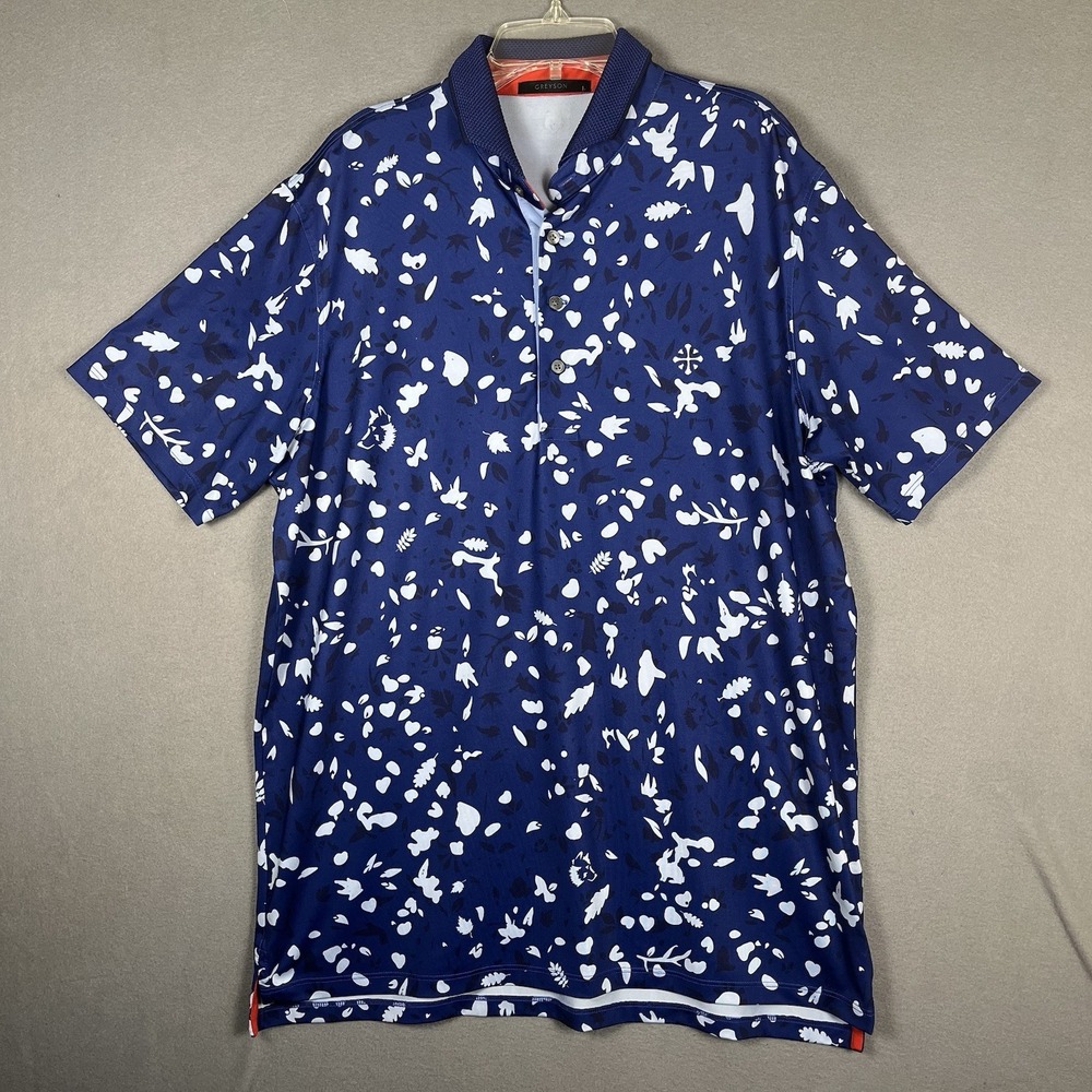 Greyson Mens‎ Golf Polo Shirt Large, White/Blue, Wolf Forest Outdoor